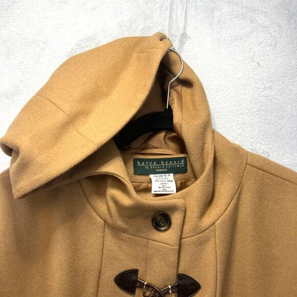 Vintage Harve Benard Wool Toggle Jacket Womens 26W Mid Length Tan Hood Pea Coat - Picture 8 of 16